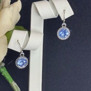 Blue Crystal set in Silver Dangle Earrings made with Swarovski Crystals .75in